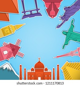  Top world famous landmark check in point travel around the world concept on blue Background. blank space for text and content paper art, vector, banner, Poster,