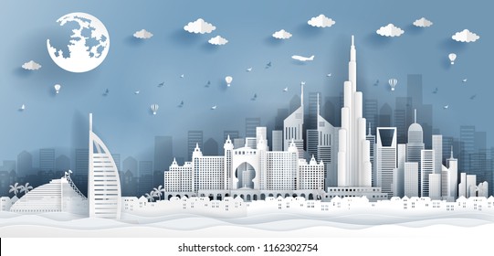 Top world famous landmark with landmark of Dubai building and architecture, skyline in paper cut art style. Vector illustration.