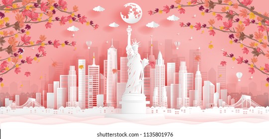 Top world famous landmark with Liberty statue of New York City, United States of America and skyline in autumn season, paper cut art style. Vector illustration.