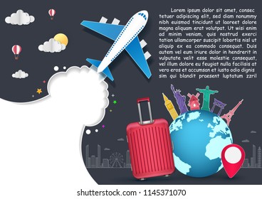 Top world famous landmark. luggage and Airplane aerial with check in point travel concept Design Invitation Template world map on black Background Design, Card for greeting Poster, banner, paper art,