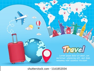 Top world famous landmark. luggage and Airplane aerial with check in point travel concept Design Invitation Template world map on blue Background Design, Card for greeting Poster, banner, paper art,
