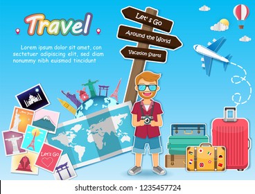 Top world famous landmark. man cute cartoon traveler on blue Background Camera photography and photo picture travel around the world concept blank space for text and content paper art, vector, banner