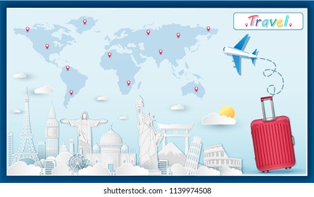 Top world famous landmark. Plane and red luggage with check in point travel concept Design Invitation Template world map on Background Design, Card for greeting Poster, banner, paper art,