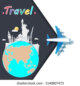 Top world famous landmark. Plane with check in travel concept Design Invitation Template with world map on background Design, Card for greeting Poster, banner, paper art,