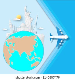 Top world famous landmark. Plane with check in travel concept Design Invitation Template with world map on background Design, Card for greeting Poster, banner, paper art,