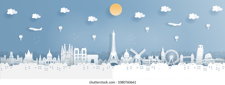 Top world famous landmark for travel poster and postcard, France,England,Spain,Italy in paper origami style vector illustration. - Shutterstock ID 1080760661
