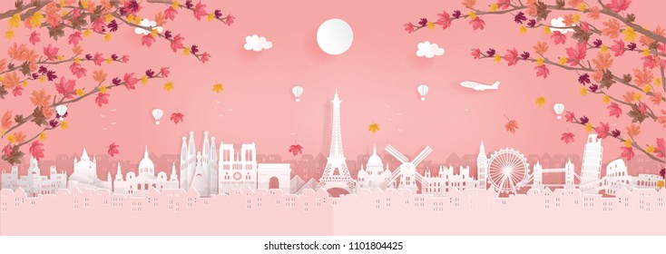 Top World Famous Landmark For Travel Poster And Postcard, Autumn Season In France,England,Spain,Italy In Paper Origami Style Vector Illustration.