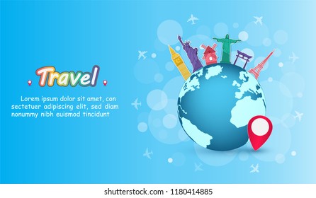Top world famous landmark. travel around the world concept summer banner on blue bokeh Background blank space for text and content Design, Card for greeting Poster, vector.