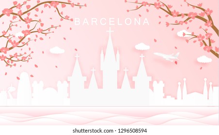 Top world famous landmark for travel poster and postcard, Autumn season in Spain Barcelona in paper origami style
