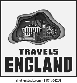 Top World famous landmark for travel poster and postcard England with the sights of the London. Paper cut style. Vector illustration