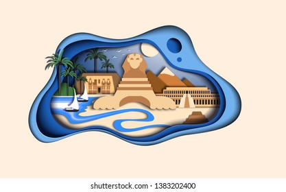Top World famous landmark for travel poster and postcard Egypt with the sights of the cities. Paper cut style. Vector illustration.