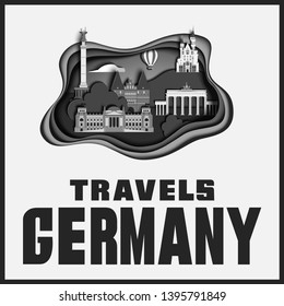 Top World famous landmark for travel poster and postcard Germany with the sights of the cities. Paper cut style. Black and white vector illustration.