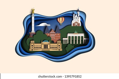 Top World famous landmark for travel poster and postcard Germany with the sights of the cities. Paper cut style. Vector illustration.