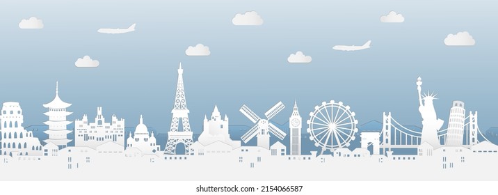 Top world famous landmark for travel.Vector illustration.Vector illustration in paper cut style