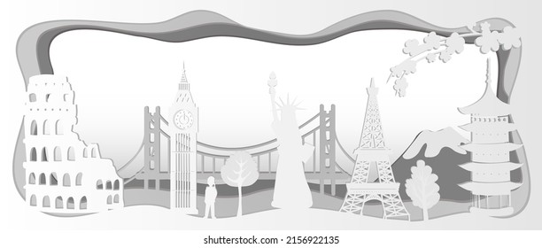 Top world famous landmark for travel.Vector illustration.Vector illustration in paper cut style