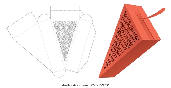 Top zipping triangular packaging with stenciled pattern die cut template and 3D mockup