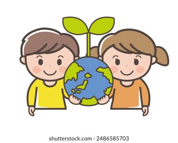 Top-body illustration of a boy and a girl supporting the Earth of SDGs and environmental issues image (elementary school, toddler, child)