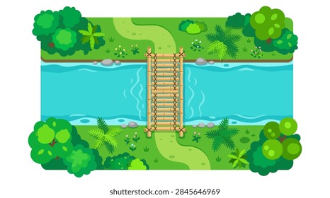 Top-down aerial view of a flat vector illustration featuring a blue river crossed by a bamboo bridge with rope details, surrounded by lush green trees, bushes, and a winding path.