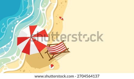 Top-down aerial view of a serene beach with gentle waves a red and white umbrella and a chair with ample copy space for text.