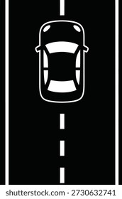 Top-Down Car Silhouette Centered on Two-Way Road with Dashed Centerline and Solid Edge Markings