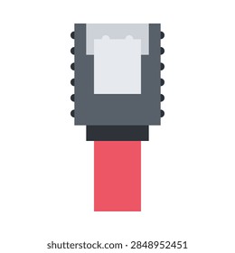 A top-down flat vector graphic of an RJ45 internet connector plug attached to a red network cable on a white background