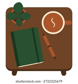Uma ilustração vetorial plana de cima para baixo de uma mesa de cabeceira de madeira que promove a atenção plena e um estilo de vida sem tela. A cena apresenta um simples notebook com uma caneta, uma xícara de chá de ervas e uma pequena planta em vaso. Projetado com quatro cores sólidas (verde floresta, terracota, marrom e bege) em uma estética limpa e minimalista.