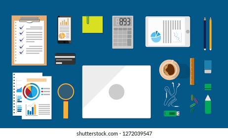 Topdown flat view of working space desk with planing for travel in holiday in minimalism style