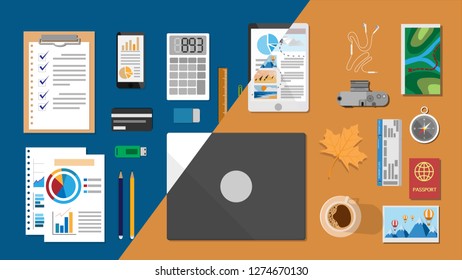 Topdown flat view of working space desk with planing for travel in holiday in minimalism style