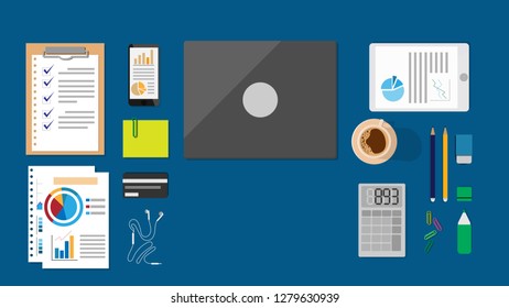Topdown flat view of working space desk with planing for travel in holiday in minimalism style