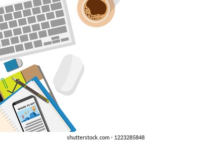 Topdown flat view of working table space desk with notebook,coffee,pen,rubber,mobile phone and copy space for your text