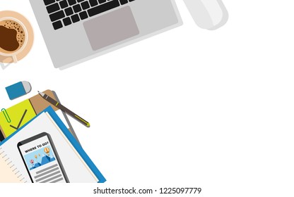 Topdown flat view of working table space desk with notebook,laptop,coffee,pen,rubber,mobile phone and copy space for your text