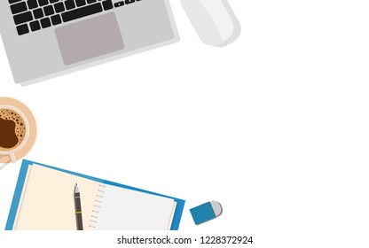 Topdown flat view of working table space desk with notebook,laptop,coffee,pen,rubber and copy space for your text