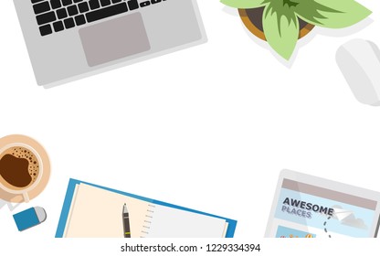 Topdown flat view of working table space desk with notebook, laptop,coffee,small tree in pot and copy space for your text