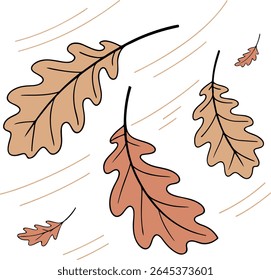 Top-down frame of symmetrical oak leaves gently falling in flat earthy tones, ideal for Thanksgiving graphics, rustic themes, and autumn content for seasonal use
