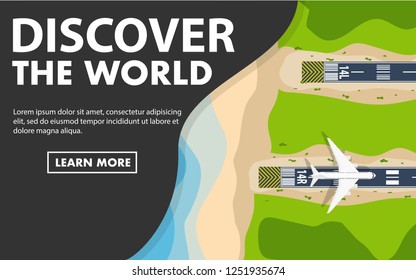 Topdown landscape view of airport and runway with airplane while take off