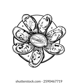 Top-down line art illustration of baked mussels with butter on a plate, arranged in a floral pattern. Black and white vector drawing of seafood dish for culinary design, menu,