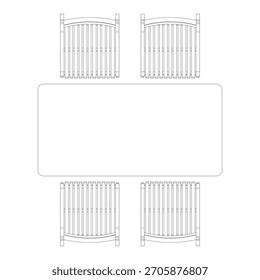 Uma ilustração de linha de cima para baixo de uma mesa de jantar retangular emparelhada com quatro cadeiras de jantar. Duas cadeiras são colocadas em cada lado longo da mesa, criando um layout de assento equilibrado e simétrico