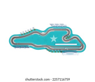 Top-down motor racing circuit. Racing track is including a pit lane, grandstands, boxes, palm trees, and other elements. Vector illustration.