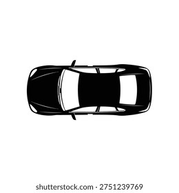 Top-down perspective of a modern black car, showcasing its design and shape. Clean and minimalist style.