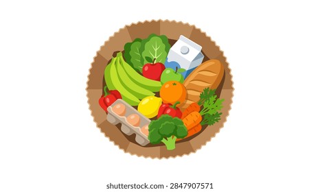 A top-down perspective vector graphic showing the interior of an open brown paper grocery bag. The contents include green bananas, red and green apples, an orange, a yellow lemon, a loaf of crusty bread, a carton of milk, a tray of brown eggs, broccoli, red bell peppers, fresh carrots with leafy greens, and lettuce. The design is a clean flat vector style.