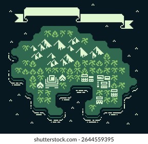 Top-down pixel art map fantasy island retro 8-bit style, pixelated towns, mountain range, forests, ancient temple, coastline, decorative banner space for title or UI, game background interfaces, map.