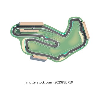 The top-down racing circuit is isolated on a white background. The racing track is including a pit lane, grandstands, boxes, and gravel safety zones. Vector illustration.