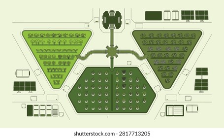 Top-down schematic of a futuristic farm plot featuring green triangular and trapezoidal planting zones with a modern irrigation system layout. Ideal for agriculture technology, sustainable farming, and smart agriculture concepts.