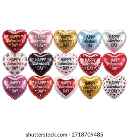 Una toma de estudio de arriba hacia abajo mostrando una vibrante colección de quince globos en forma de corazón, cada uno adornado con el saludo festivo 'FELIZ DÍA DE SAN VALENTÍN'. Los globos están dispuestos en tres filas, con cinco globos en cada fila. Presentan una variedad de colores y patrones, incluyendo rojo metálico sólido, rosa, púrpura, oro y azul, así como diseños con confeti dispersos, intrincados patrones de rosas sobre un fondo blanco y Pequeños motivos de corazón. Este variado surtido ofrece un visual festivo y romántico para las celebraciones y regalos de San Valentín.