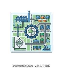 A top-down stylized map illustration of an industrial zone featuring factories, warehouses, shipping, storage tanks, and a gear icon symbolizing engineering.