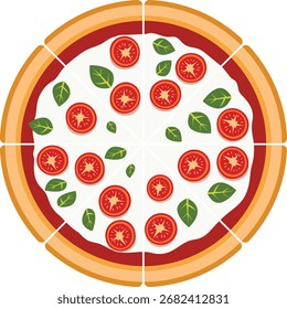 Ilustración vectorial de arriba hacia abajo de una pizza con rodajas de tomate, hojas de albahaca y queso mozzarella en una corteza con rodajas visibles.
