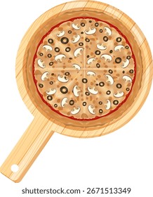 Vector de pizza vegetariana en rodajas con champiñones y aceitunas en una tabla de madera.