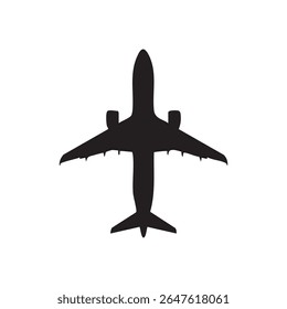 A top-down view of an airplane is shown in a stark black silhouette against a white background.