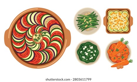 A top-down view of a beautifully arranged ratatouille in a round dish, accompanied by haricots verts amandine, gratin de courgettes, épinards à la crème, carottes glacées.