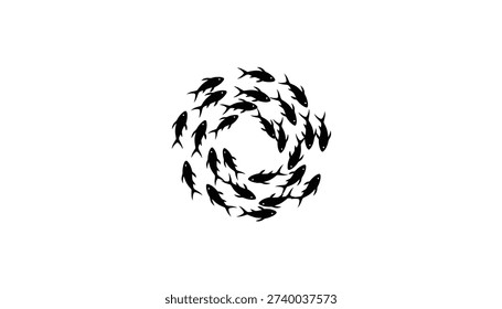 Top-down view of black fish silhouettes forming a circular vortex. This minimalist illustration represents concepts like teamwork, unity, and the natural cycle of life.